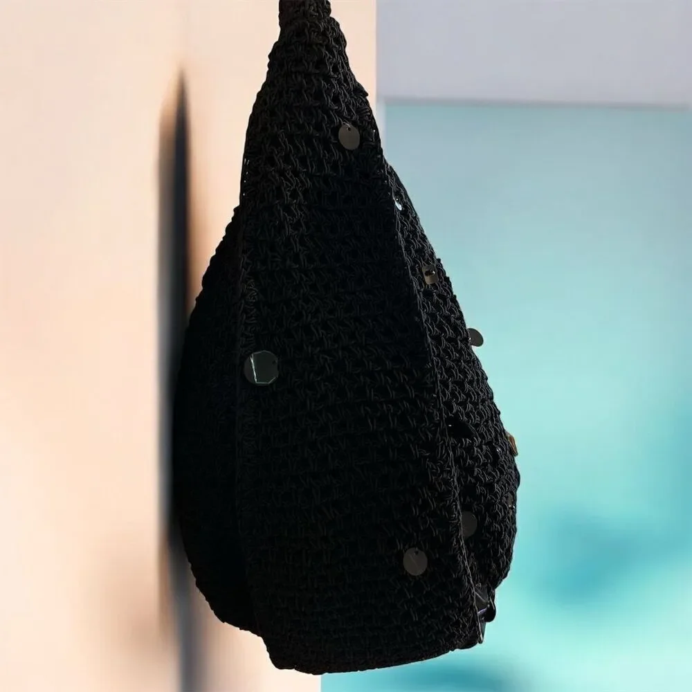Cappelli Straworld Women's Black Crocheted Beaded Sequins Boho Y2K Shoulder Bag